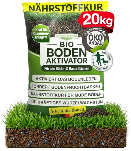 DÜNGEMEISTER Bodenaktivator Dünger - Nährstoffkur für müde Böden - Garten Bodenverbesserer mit Spezialformel - Rasen, Neuanlage & Nachsaat wachsen schnell und sicher an (20kg)