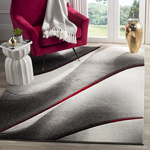 SAFAVIEH Modern Teppich für Wohnzimmer, Esszimmer, Schlafzimmer - Hollywood Collection, Kurzer Flor, Grau und Rot, 201 X 274 cm