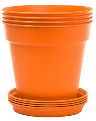 Mintra Home Lot de 4 Pots de Fleurs Rond - Plastique Incassable - sans BPA - 17 cm - Planter des Fleurs, Jardinage, Plantes - Durable pour Intérieur, Extérieur, Terrasse, Pelouse (Orange)
