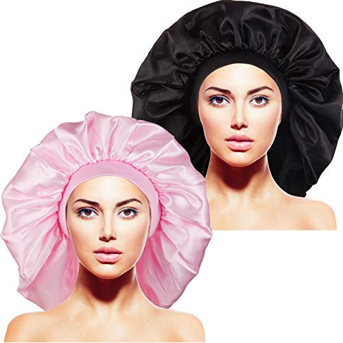 2 Stück extra große Schlafmütze Jumbo Cap großes Satin Bonnet mit bequemem Gummiband, schwarz und rosa