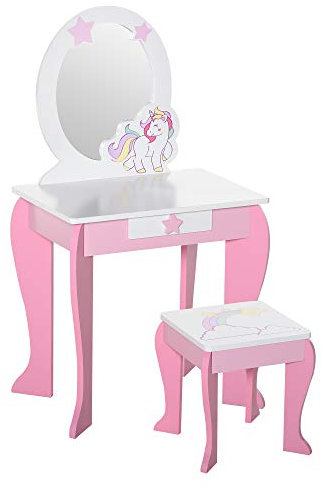 HOMCOM Specchiera Giocattolo Toeletta con Cassetto e Sgabello in Legno, Giochi per Bambine 3-6 Anni Rosa e Bianco