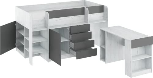 FurnitureByJDM Lit Mi-Hauteur Enfant 90x200cm - Lit Mezzanine avec Bureau, Tiroirs Et étagère – Gain de Place– Escalier à Gauche – Smile (Craft Blanc/Graphite)