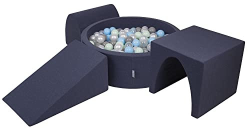 KiddyMoon Area di Gioco in Schiuma con Tondo Piscina di Palline (300 Palline) per Bambini, Blu Scuro:Perla/Grigio/Trasparente/Azzurro/Menta