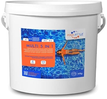 Poolstyle Multifunzione 5 in 1 Pastiglie da 250 Gr, Azione Flocculante, Antialghe, Cloro, Chiarificante, Prodotto Chimico per Piscina, 4 Kg - ALTA QUALITA - Linea 2024