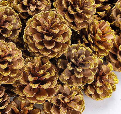 42 Conos de Pino en Color Dorado, 4–6 cm de Navidad, Conos de Pino, decoración de Abeto, Conos Naturales con Cuerda, decoración de Navidad, decoración de Adviento, Pino, Conos Colgantes (Color Oro)