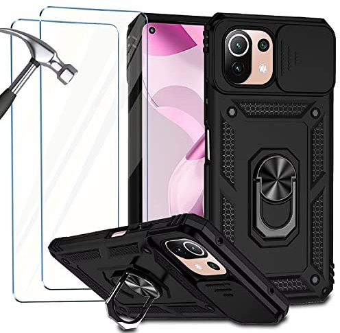 NEINEI Funda para Xiaomi Mi 11 Lite 4G/5G con 2 Vidrio Templado,Funda con Protección de la Cámara,Militar Carcasa Caso con Magnético y Soporte Outdoor Proteccion Case Cover,Negro