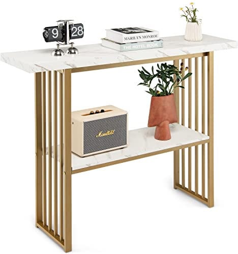 GOPLUS 2 Ebenen Konsolentisch Marmor Optik, Flurtisch Holz mit Metallgestell, Eingangtisch Gold für Wohnzimmer & Flur, 120 x 29,5 x 92,5 cm