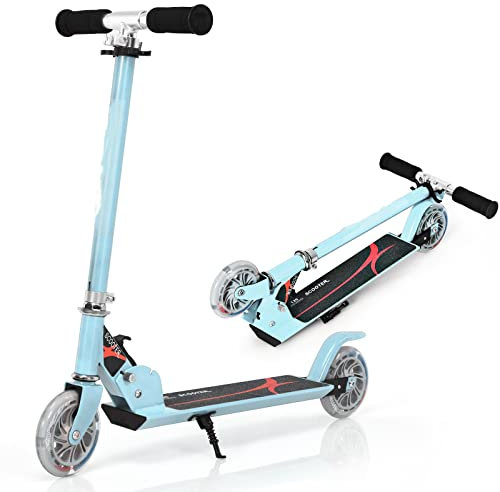 GYMAX Faltbare Kinderscooter, Kinder Roller mit LED leuchtenden Räder, Tretroller 3 höhenverstellbar bis 70kg belastbar, Kickscooter für Jungen & Mädchen ab 4 Jahre (Hellblau)