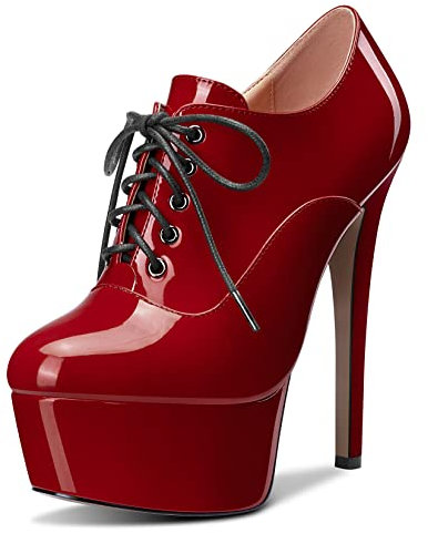 HEUIVZAR Donna Stivaletti Alto High Spillo Tacco Heel Chiusa Punta Verniciata Lacci Scarpe Borgogna Rosso 15 CM 38 EU