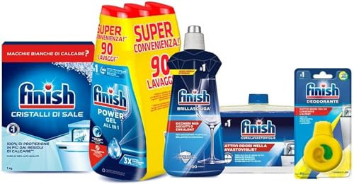 Finish Kit Lavastoviglie; Finish Powergel Detersivo Lavastoviglie Fresh 90 Lavaggi, Brillantante Regular 500ml, Curalavastoviglie regular 250ml, Cristalli di Sale 1kg, Deodorante