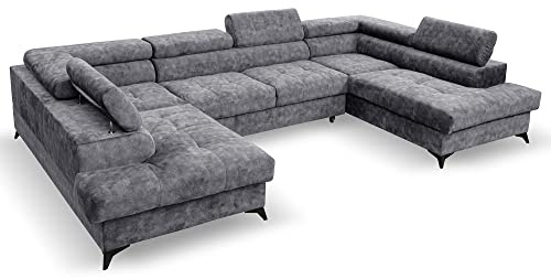 Margaret Hadas24 Ecksofa U Form Palermo, Schlaffunktion, Bettkasten, 345x202 cm, Verstellbare Kopfstützen Sofa XXL, 5 Sitzer Schlafsofa Schlafcouch Big Sofa Bettsofa Wohnlanschaft Bettzeugablage grau