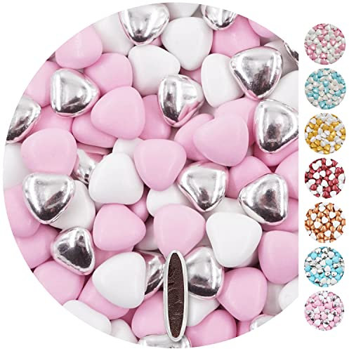 EinsSein 1kg Schokoherzen Dragees Mix medium weiss-rosa-silber glanz Gastgeschenke Hochzeit, Taufe, Kommunion, Kindergeburtstag | Schokodragees, Dragees in Herzform bzw. Schokolinsen als Ersatz für
