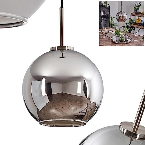 Hängeleuchte Koyoto, Hängelampe aus Metall/Glas in Schwarz/Silber-/Chromfarben Leuchte 1-flammig im Vintage/Retro Design mit Schirm aus Glas (Ø 20 cm), Höhe max. 145 cm, 1 x E27, ohne Leuchtmittel
