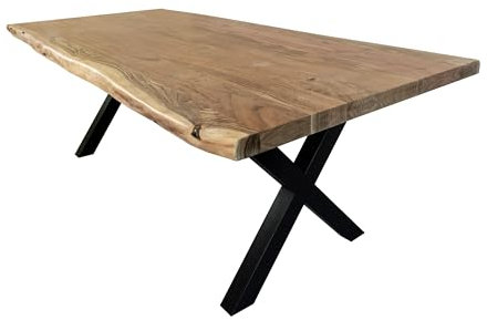SAM Esstisch 300 x 100 cm Cali, Baumkantentisch naturfarben, Akazienholz massiv, X-Gestell aus Metall Schwarz, aufgedoppelte Kanten 25+25 mm