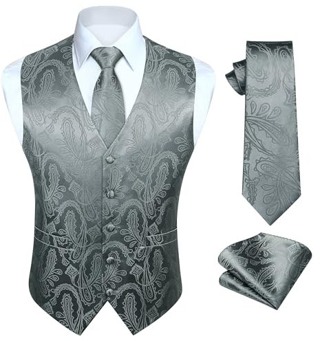 HISDERN Herren Paisley Weste Dunkelgrau Floral Jacquard Krawatte Einstecktuch Einstecktuch Hochzeitsfeier Business Fit Weste Anzug Set,Dunkelgrau-N,L