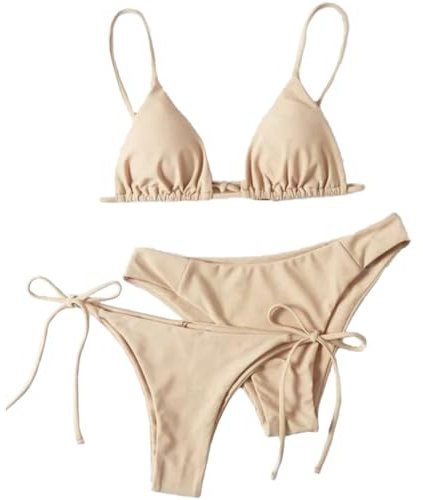 Damen Bikini Set Sexy Bikini Dreiteiliger Badeanzug Einfarbig Bikini Badeanzug mit Dreieck Cup Spaghetti-Träger Push Up High-Cut Gepolsterte Bikini Badeanzug Beige M