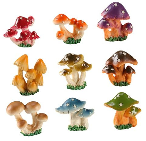 Baoblaze 9 Stück Miniatur Pilz Figuren, Harz Pilz Statue, Bunte Gartenpilze, Mini Mushrooms Figurines für Garten Deko