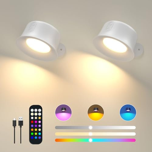 FULEN Wall Lights, LED Wall Lamp with RGB 18 Colors, 3200mAh Rechargeable Battery Operated, Touch and Remote Control, Dimmable Wireless Wall Sconces for Bedroom Indoor, 360° Free Rotation, 2 Pack