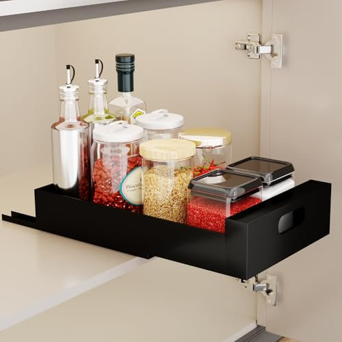 QWORK® cajones deslizantes para cocina, Cajón Telescópico en Negro, 43 cm X 25 cm X 9 cm, Instalación Adhesiva, Acero al Carbono de Primera Calidad