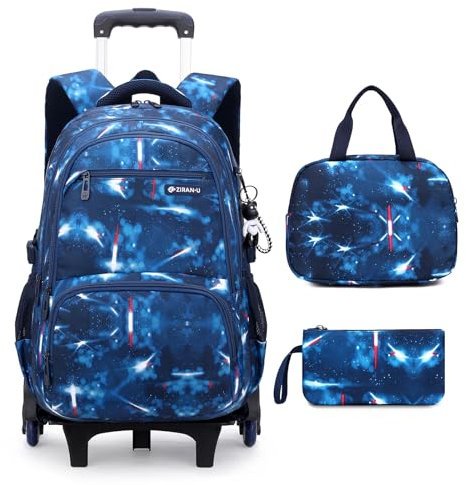 Amythe Schulrucksack Trolley für Jungen Teenager Rucksack mit Rollen 3-teilig mit Lunchtasche Federmäppchen, Wasserdichter Lässige Daypack 30L, Große Schultasche für Schule & Reisen, Blau