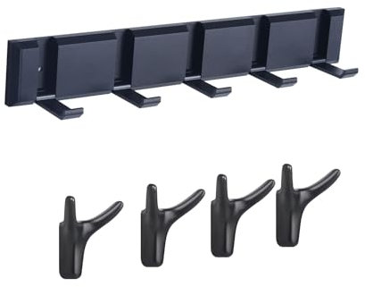 JISHSHAY 5 PCS Black Coat Rack Wall Mounted Coat Hangers Wall Mounted Bathroom Hooks Door Hangers for Clothes, Strong Bearing, with 5 Folding Hooks for Hanging Heavy Duty, for Door Wall, Aluminium