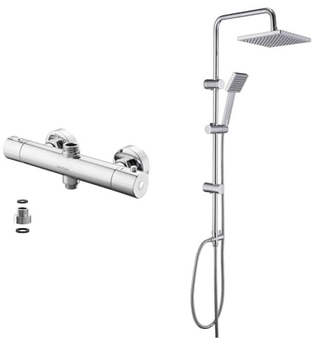 GRIFEMA G17005, Robinet Thermostatique Universal, Double Sorties, Mitigeur Colonne de Douche Chromé & JOHO Colonne de Douche Chromé Ensemble de douche en acier inoxydable avec pommeau de douche en ABS