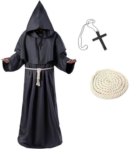 KEELYY Mönch Robe Priester Kostüm Herren Halloween Kostüm mit Kapuze und Kreuz, Mönch Priester Gewand Männer Mönchskutte für Halloween, Karneval, Mittelalterliche, Renaissance,Schwarz-M