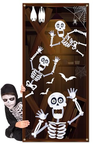 Landifor Halloween Skeleton Door Cover Large Fabric Skull Door Banner 6 x 2.9 ft Horror Skeleton Bone Hanging Backdrop for Scary Halloween Haunted House Front Door Indoor Outdoor Decoration