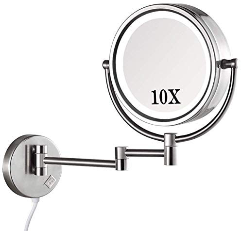 CCYENG Schminkspiegel zur Wandmontage, Schminkspiegel mit 10-facher Vergrößerung und LED-Beleuchtung, runder 8-Zoll-Schminkspiegel, beidseitig um 360 ° schwenkbar, id