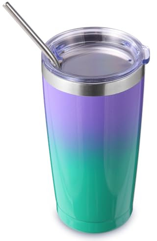 Volhoply 600ml(20oz) Thermobecher mit Deckel und Strohhalm,Doppelwandiger isolierter Reise-Eiskaffeebecher Passend für Tassenhalter,Becher für heiße und kalte Getränke,(Violett Grün,1)