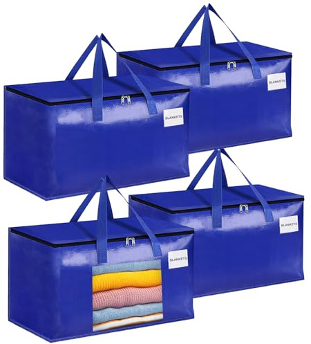 Figarge Pack of 2 Storage Bags with Zip and Labels, 105 L, Large Moving Bags for Moving Boxes, Storage, Travel, Camping, Garden Tools, Waterproof Moving Bags (Blue, Pack of 4)