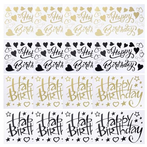 WANDIC Happy Birthday Aufkleber für Luftballons, goldfarben und schwarz, Buchstaben-Aufkleber für Feier, Geburtstag, dekoratives Partyzubehör, Dekoration, Tagesangebote 2025, 16 Stück