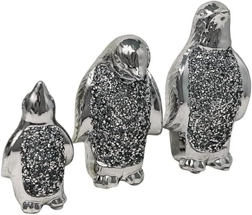 Elegant Silver Crystal Diamond Ornament for Bedroom, Living Room, Dining Room, Table, Deck, and Office Décor - Luxurious Home Accent (Ceramic, Penguin Set Of 3)
