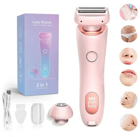Lady Shaver for Women, 2 in 1 Waterproof Belarae Brazilian Electric Women's Razor for Face Lips Arms Legs Armpits Bikini, Wet & Dry, Painless Hair Removal, Rechargeable Women's Shaver (Pink)