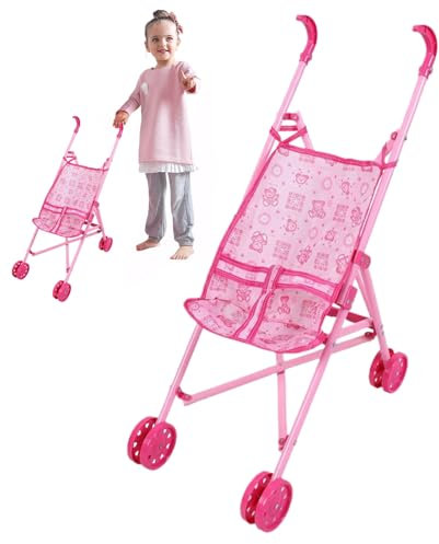 Puppenwagen mit Cartoon-Muster, Puppenwagen, faltbar, mit T-förmigem Sicherheitsgurt und Schiebegriff, abnehmbar, waschbar, Puppenwagen für Mädchen, Rollenspiele, Style1, Puppenwagen, Puppenwagen, Pup