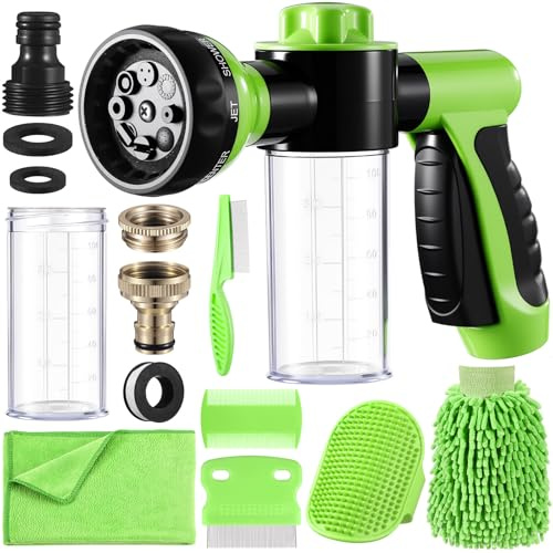 Baderke 10 Piece Dog Washing Hose Attachment Dog Hose Nozzle with Soap Dispenser Pet Shower Tool Set Dog Comb Bath Brush Towel Car Wash Mitt Brass Converter Tape for Pet Garden Car Washing(Green)