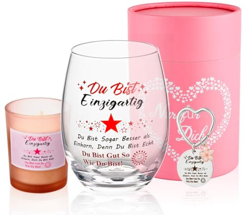 PLECUPE Geschenk Beste Freundin Weinglas, Freundschaft Geschenke, Bff Geschenke Weinglas und Duftkerzen Set, Worte der Ermutigung Geburtstagsgeschenk für Mädchen Hochwertigem Borosilikatglas, 430ml