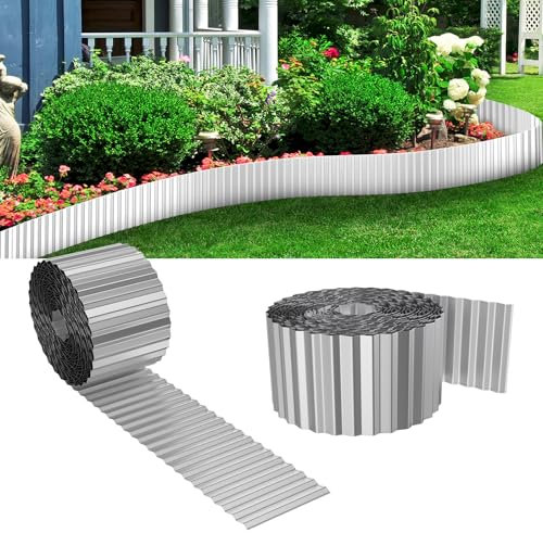 VANCHEMO Rasenkante Metall Beetbegrenzung Flexible Beeteinfassung Beetumrandung Verzinkt Rasenbleche Mähkante Rasen Umrandung, 5mx15cm Hoch, Silber