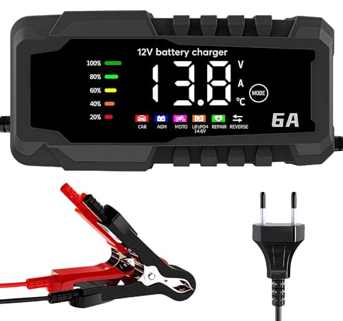 GOEDCH Chargeur de Batterie de Voiture: 12V 6A Chargeur de Batterie de Voiture entièrement Automatique, Chargeur de Voiture avec Compensation de température et écran LCD pour Voiture, Camion, Moto