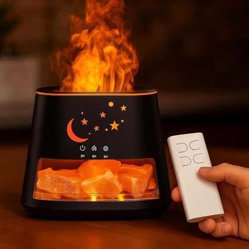 OKYUK Flammen Feuer Diffusor & Himalaya Salzlampe, 8-Farben LED Aroma Diffusor mit Timer, Luftbefeuchter Zuhause, Büro & Wellness(Schwarz Stern)