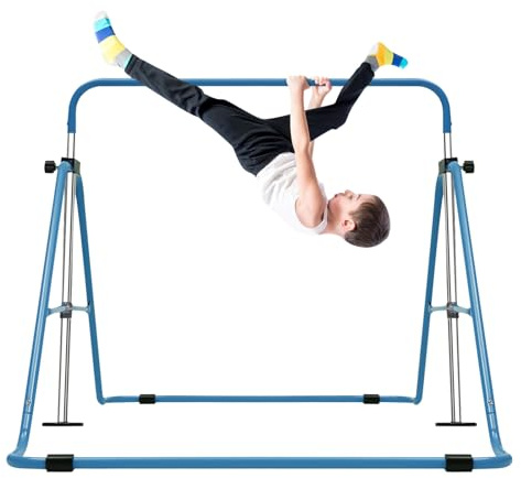 Turnreck für Kinder Höhenverstellbar, Gymnastikstange Outdoor & Indoor mit 5 Höhen, Klappbare Turnstange bis 150kg, Fitnessgerät für Garten, Kinderzimmer, Spielplatz (Blau)