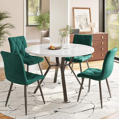Runder Esstisch mit 4 Stühlen Set für 4 Personen Essgruppe 5-teilig MDF-Marmor-Tischplatte Küchentisch Stuhl mit Rückenlehne für Esszimmer Wohnzimmer Sitzgruppe Schwarz + Grün