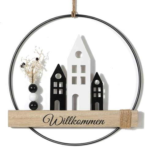 GHIAKQYT Trockenblumenkranz Türkranz, Herzlich Willkommen Trockenblumen Türkranz personalisiert Dekokranz ø28cm mit Willkommensschild Haus und Trockenblumen