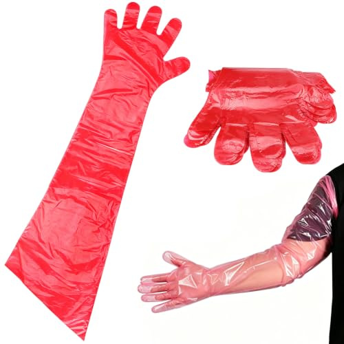 YiliYa 50pcs 90 cm Langarm Veterinär Handschuh,Veterinär-Handschuhe,Dehnbare Einweghandschuhe, zur Viehbesamung,Einweg WeichplastikfolieExtra Lange Stulpe,Rot