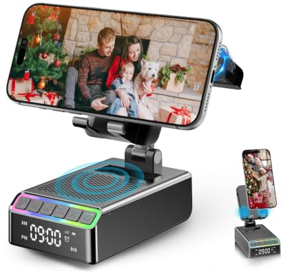 Bluetooth 6.0 Lautsprecher mit Handyhalterung, Tragbare Induktions Speaker | Querformat Induktions Handy Ständer, mit Wecker, Licht, LED-Anzeige, Stereo-Surround, Geschenke für Männer Frauen Home Office