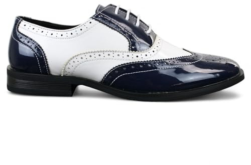 Infinity Leather Dolcetto Herren-Lackleder-Schnürschuhe, Marineblau-weiße Brogues, Elegante Business-Schuhe