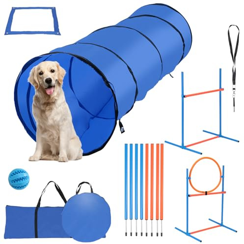Monucep Agility-set hundar, 5 delar för hundträning och fritid | Tillbehör inkluderar hoppring, hoppstång, tunnel, slalomstänger, pausmarkering, boll, visselpipa och transportväska