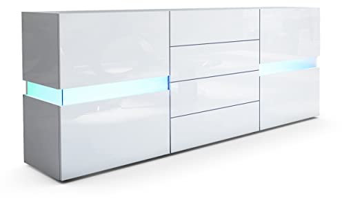 Vladon Sideboard Flow, Made in Germany, Weiß Hochglanz/Weiß Hochglanz inkl. LED - Moderne Kommode mit Ambient Light Verglasung für Ihr Wohnbereich (177 x 75 x 39 cm)