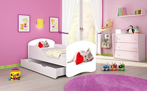 ACMA I Lit Enfant Bébé TIROIR Matelas sommier Gratuite Meubles pour Enfants (40 Chat avec coeur, 180 x 80 cm + tiroir)