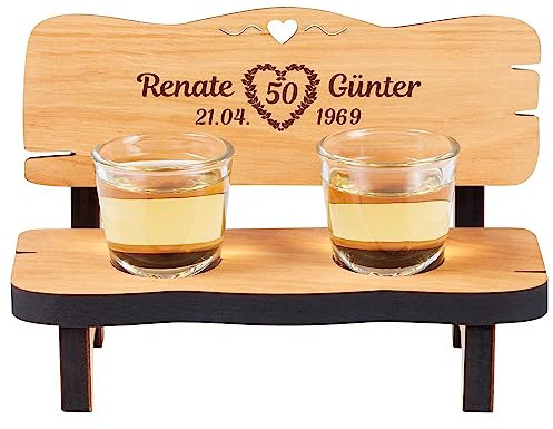 Personalisierte Schnapsbank Hochzeit mit Gravur | inkl. 2 Schnapsgläsern | Hochzeitsgeschenk für das Brautpaar personalisiert | Hochzeitsbank | Geschenk Hölzerne Hochzeit Hochzeitstag | Blumenherz